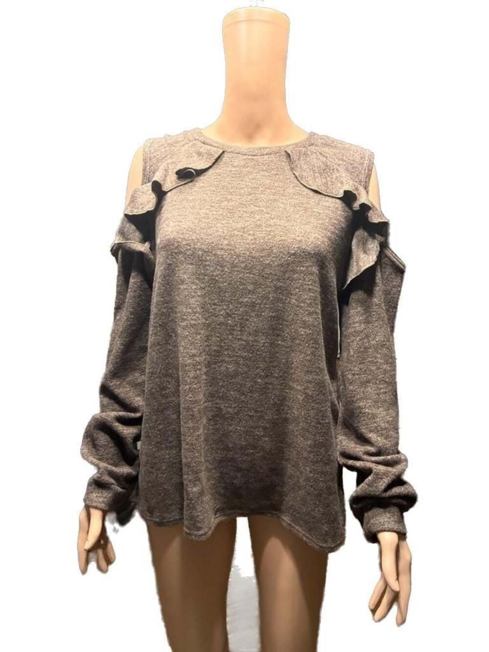 Acting Pro Cold Shoulder Ruffle Long Sleeve Top Brown 1X